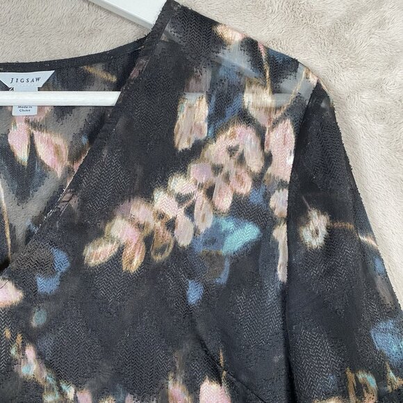 Jigsaw Floral Chiffon Long Sleeve Blouse Size 4 Semi Sheer Textured Flowy Artsy - Picture 5 of 12